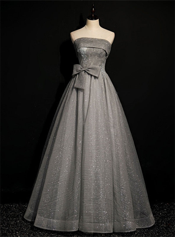 Gray Tulle Sequins Strapless Pleats Beading Prom Dress