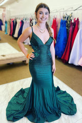 Green Beading Mermaid Prom Dress with Appliques