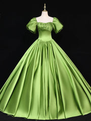 Green Satin Square Puff Sleeve Beading Quinceanera Dress