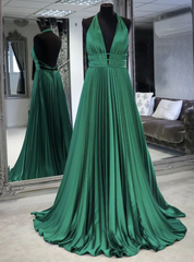 Green Satin V-neck Backless Pleats Prom Dress