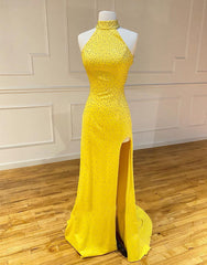 High Neck Mermaid Yellow Prom Dress with Split