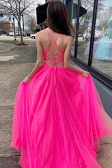 Hot Pink A-Line Tulle Long Prom Dress with Pockets