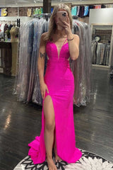 Hot Pink Beading Mermaid Prom Dress with Slit