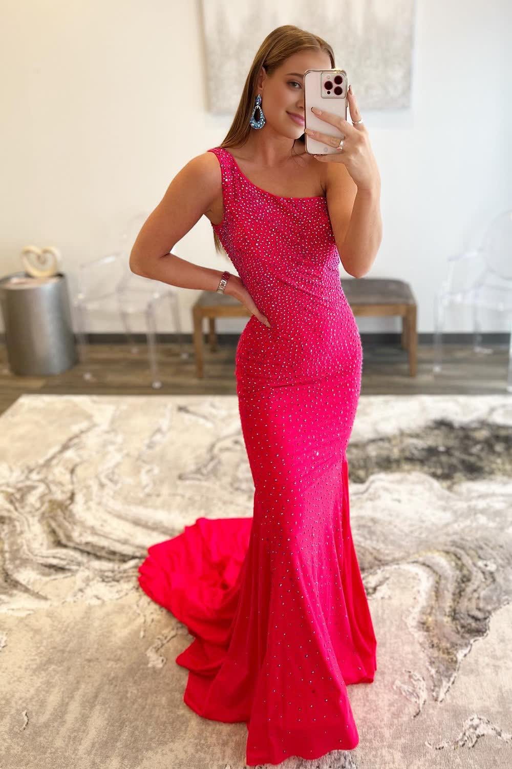 Hot Pink One Shoulder Mermaid Prom Dress