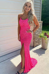 Hot Pink Prom Dresses Sparkly Mermaid Sequined Sleeveless Long Evening Gown with Slit