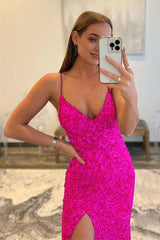 Hot Pink Sequins Glitter Prom Dress with Slit