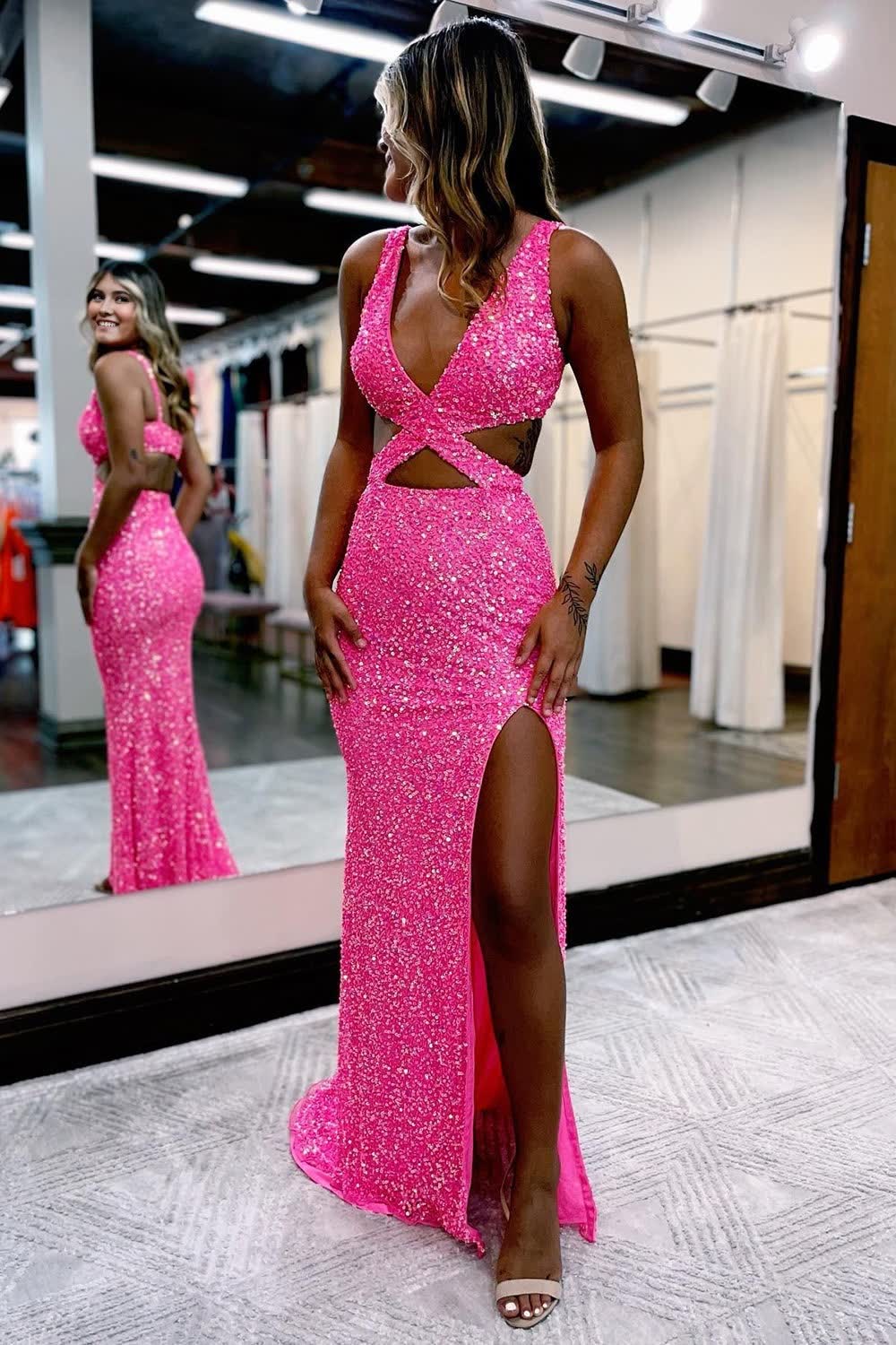 Hot Pink Sequins Hollow-Out Mermaid Prom Dress