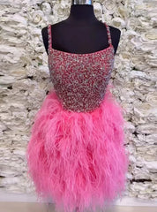 Hot Pink Tulle Straps Feather Beading Homecoming Dress