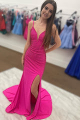 Hot Pink V Neck Mermaid Prom Dress with Slit