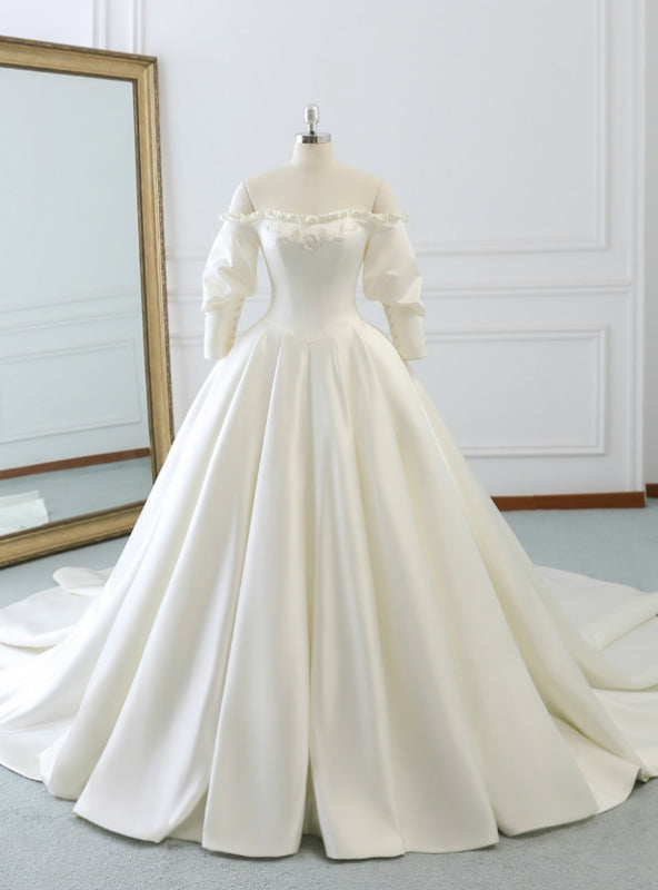 Ivory White Ball Gown Satin Off The Shoulder Puff Sleeve Wedding Dress