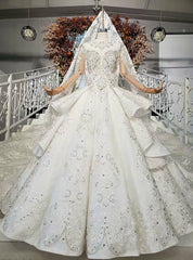 Ivory White Ball Gown Tulle Satin Long Sleeve Crystal Wedding Dress