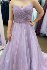 Lavender Tulle A Line Prom Dress with Ruffles