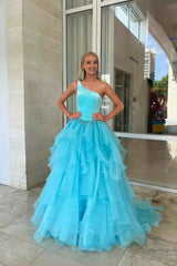 Light Blue Ruffle Straps A-Line Tiered Prom Dress