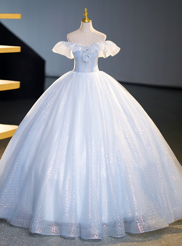 Light Blue Tulle Sequins Off the Shoulder Quinceanera Dress