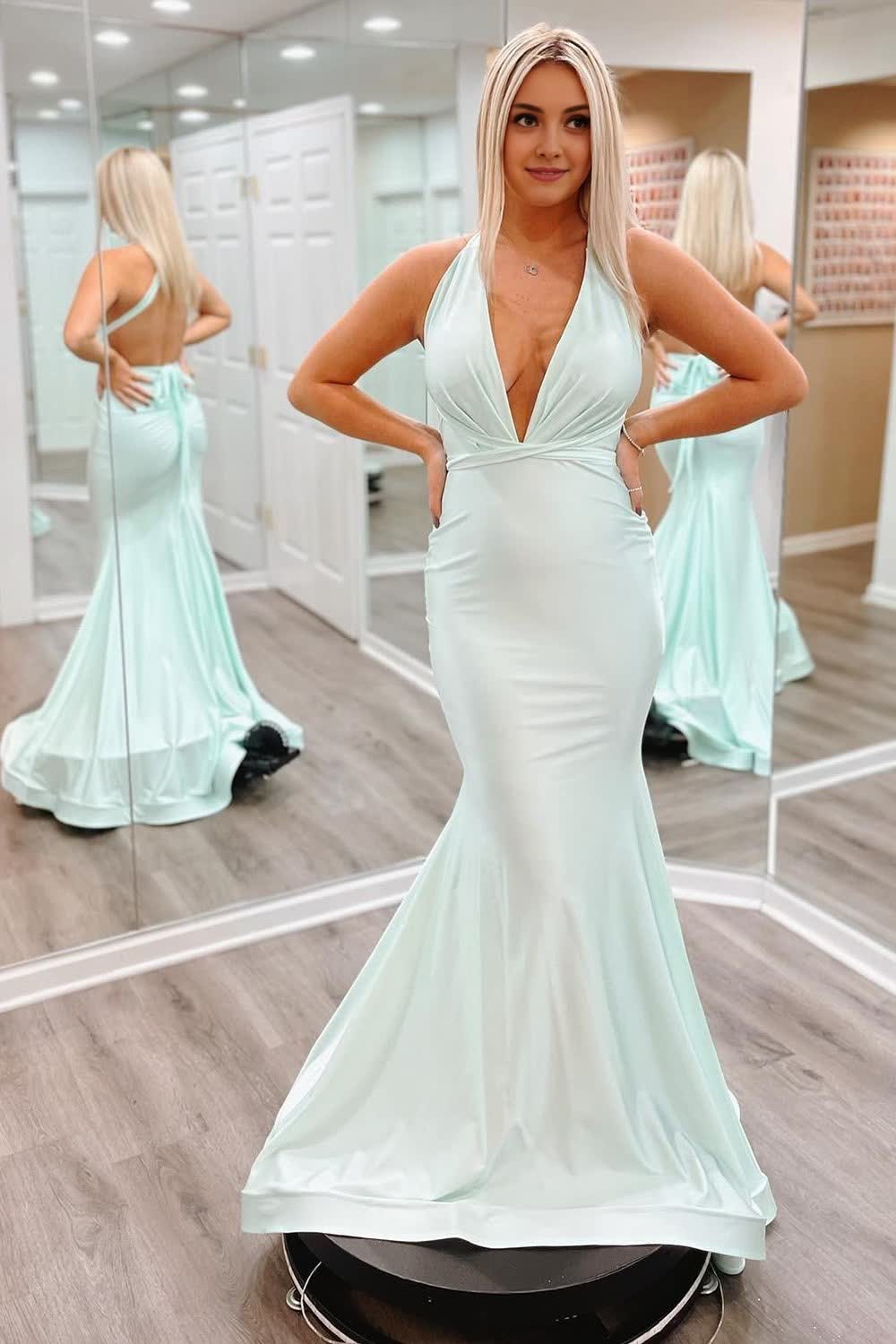 Light Green V-Neck Satin Mermaid Prom Dress