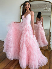 Light Pink A-Line Tiered Spaghetti Straps Tulle Prom Dress