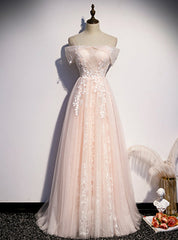 Light Pink Tulle Off the Shoulder Appliques Prom Dress