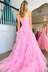 Light Pink Tulle Tiered A-Line Long Prom Dress