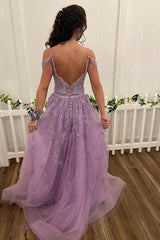 Lilac High Low Spaghetti Straps Lace Prom Dress