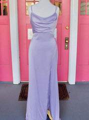 Lilac Satin Spaghetti Straps Pleats Prom Dress