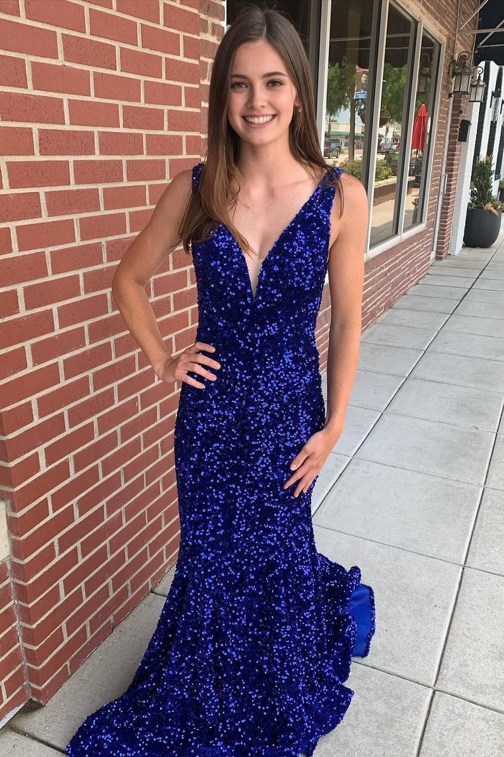 Mermaid Blue V-Neck Sequins Long Prom Dress