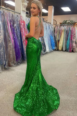 Mermaid Halter Green Sequins Long Prom Dress with Backless