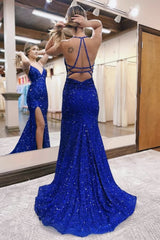 Mermaid Halter Sequins Long Prom Dress with Silt