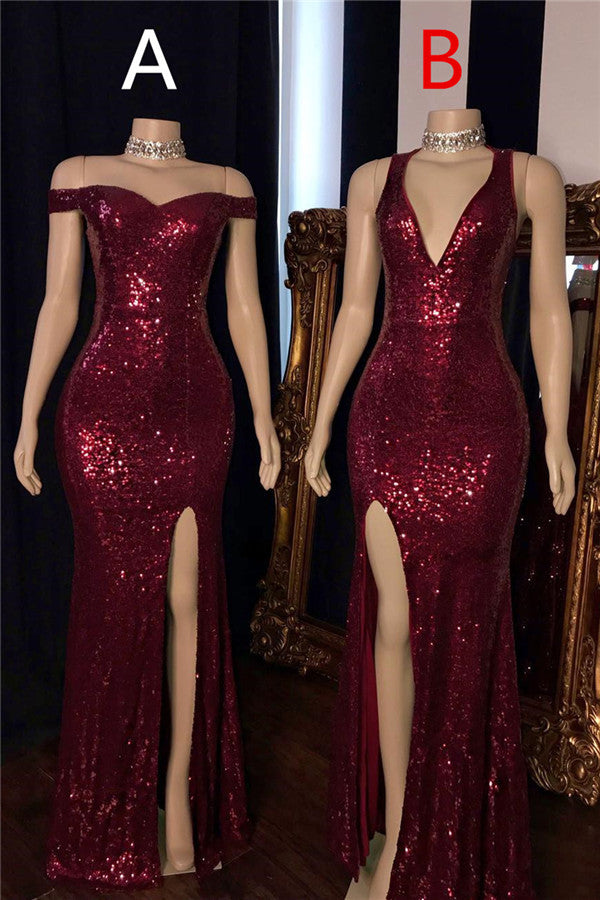 Mermaid Halter-v-neck Or Portrait Front Slit Floor Length Paillette Prom Dress