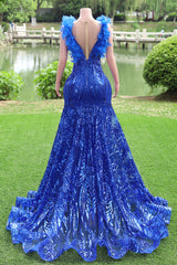 Mermaid Long Prom Dresses Sequin Royal Blue Evening Dresses Feather Sleeveless