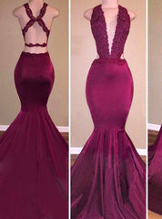 Mermaid Satin V-neck Sleeveless With Applique Prom Dresses