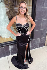 Mermaid Spaghetti Straps Black Long Prom Dress with Beading Split Front