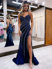 Mermaid Spaghetti Straps Glitter Mermaid Dress with Slit