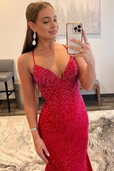 Mermaid Spaghetti Straps Red Long Prom Dress with Criss Cross Back