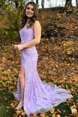 Mermaid Strapless Lace Long Prom Dress with Slit