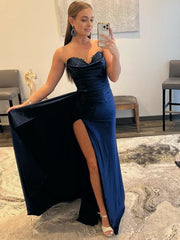 Mermaid Strapless Satin Prom Dress with Slit