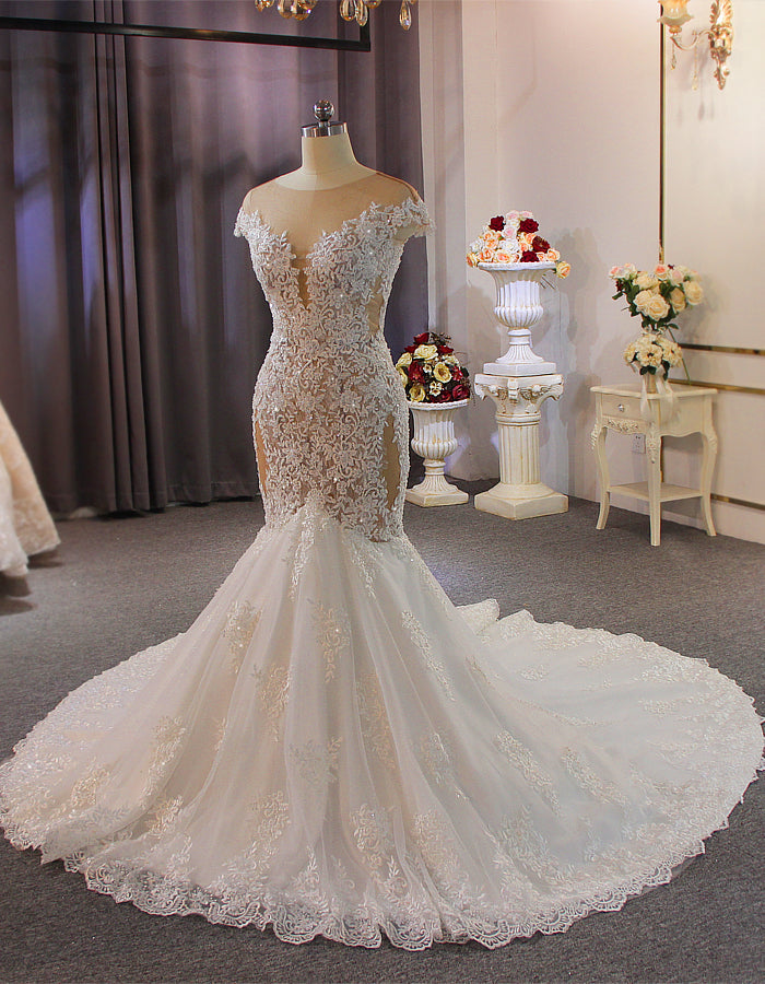 Mermaid Tulle Appliques Beading Cap Sleeve Wedding Dress