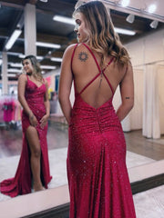 Mermaid V Neck Glitter Jersey Long Prom Dress with Slit