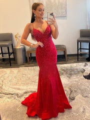 Mermaid V Neck Red Glitter Satin Prom Dress