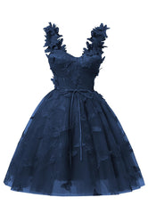 Navy Blue 3D Butterfly Lace Applique Tulle Homecoming Dress for Teens Sweetheart Mini Short Prom Dresses