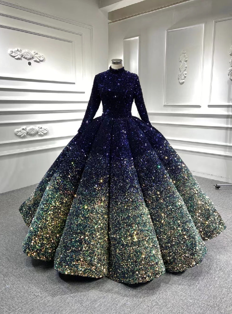 Navy Blue Green Sequins Long Sleeve Prom Dress