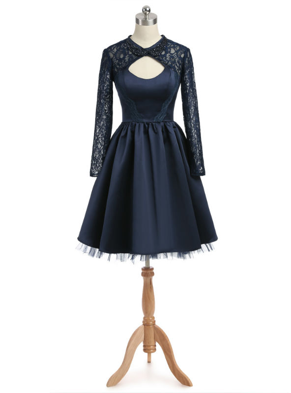 Navy Blue Homecoming Dresses A-line High Collar Long Sleeves