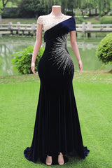 Navy Blue Prom Dresses Bodycon Velvet Long Formal Dresses with Embroidered Beadings