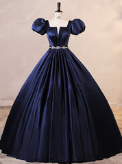 Navy Blue Satin Puff Sleeve Pleats Quinceanera Dress