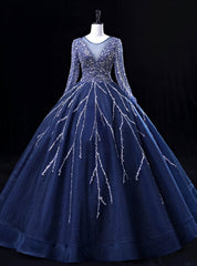 Navy Blue Tulle Beading Long Sleeve Quinceanera Dress