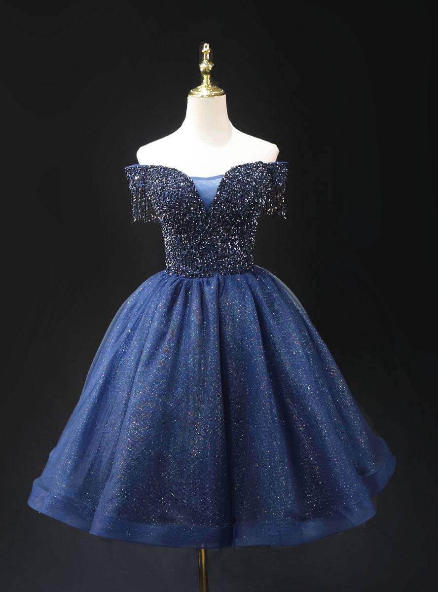 Navy Blue Tulle Off the Shoulder Homecoming Dress