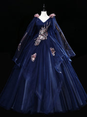 Navy Blue Tulle V-neck Sequins Embroidery Quinceanera Dress