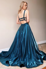 Navy Satin Spaghetti Straps A-Line Prom Dress