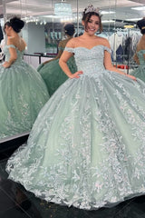 Off-the-Shoulder Dusty Sage Appliques With Lace Up Quinceanera Dress