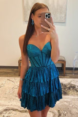 Ombre Blue Strapless Ruffle Beaded A-Line Homecoming Dressbie