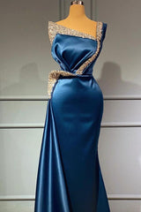 One Shoulder Blue Beading Sequns Long Mermaid Prom Dress